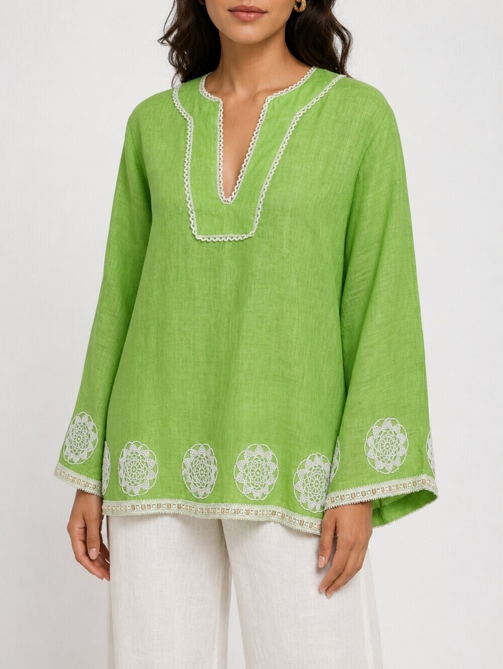 Vintage 100% Linen Beaded Embroidered Lime Green Boho Resort Tunic M